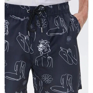 Forever 21 Swim Men’s Drawstring Trunks Size XL Black and White Graphic Design